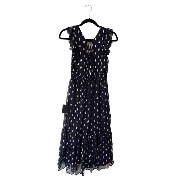 Lulus V-neck Ruffle Tiered Polka Dot Midi Dress in Navy and Silver - Picture 4 of 6